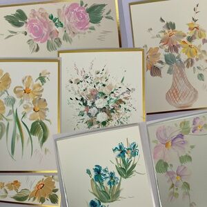 Set of mini floral paintings by Mary Nastali on blank cards